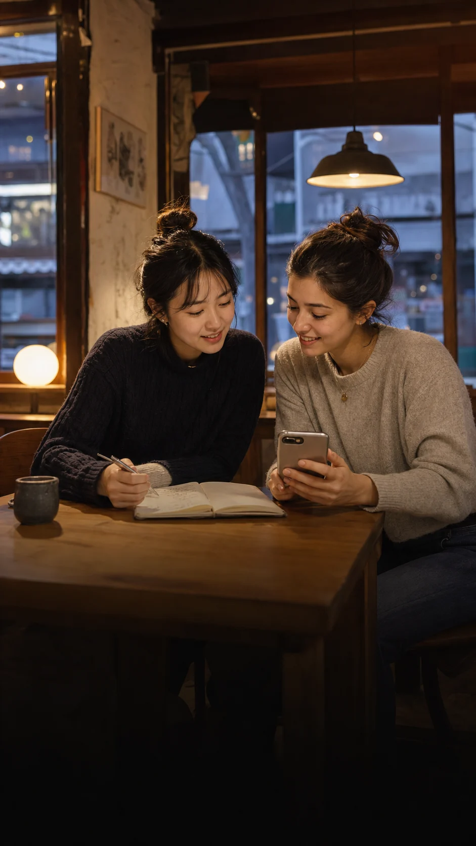Two friends sharing a relaxed language exchange in a Seoul cafe
