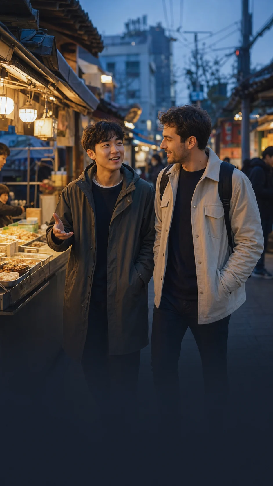 Two friends exploring a Seoul neighborhood market together